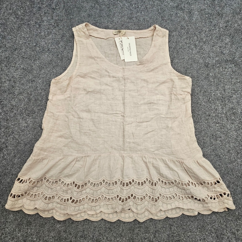 Valentina Naldi Linen Tank Top Women L Sand Eyelet Peplum Boho Made in Italy NWT